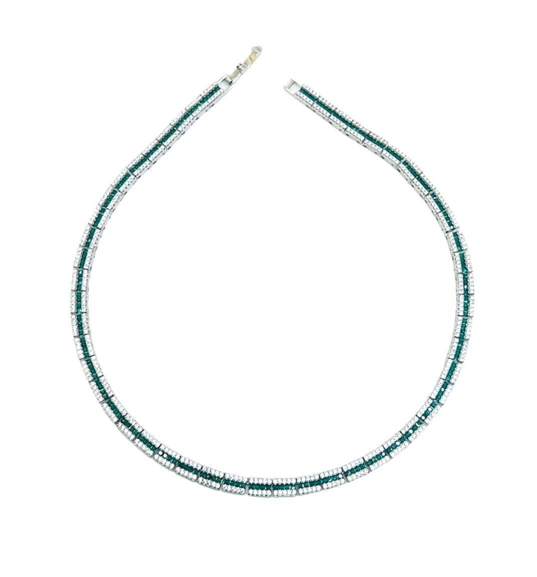 BAR LINES GREEN TENNIS 35CM NECKLACE SILVER